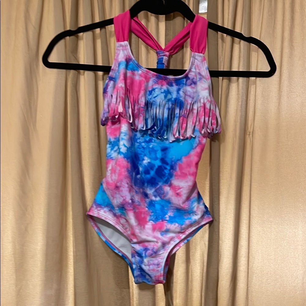 Girl’s S 6-6X Vibrant Tie-Dye Fringe 1pc Swimsuit Neon Colorful